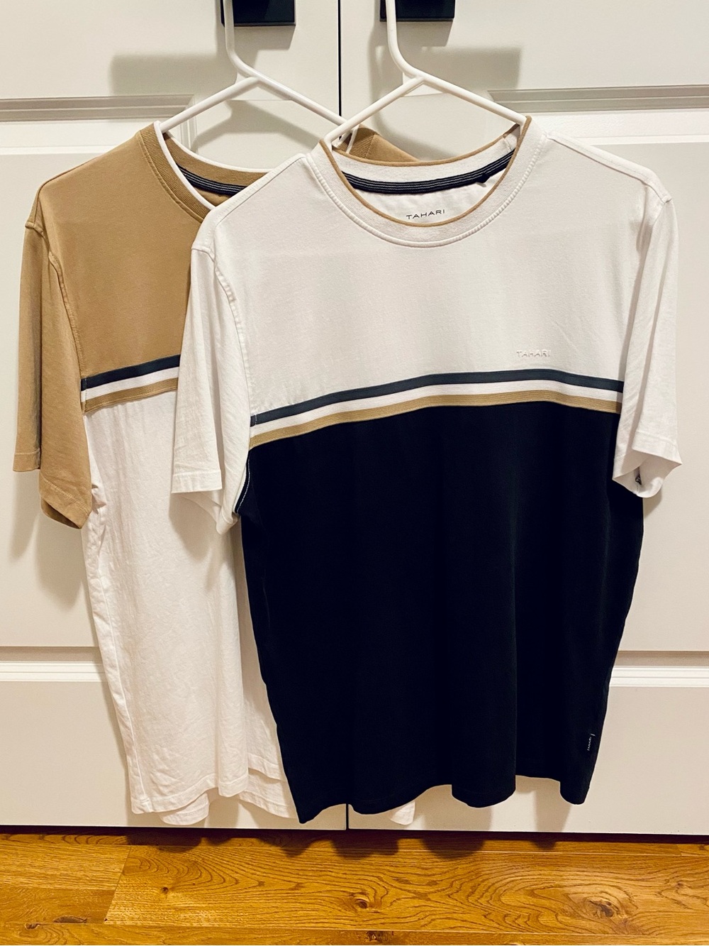 Two Tahari Colorblock Short-Sleeve Crew Tee - White, Black & Tan